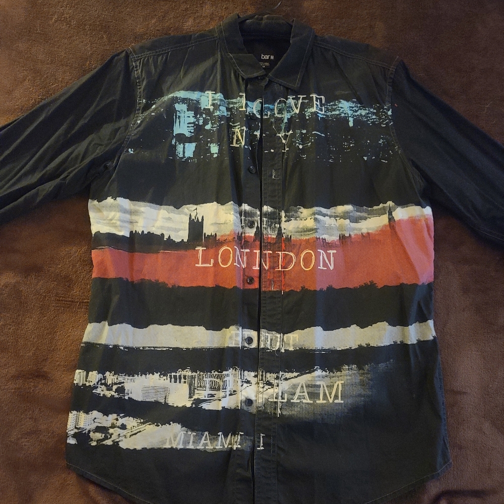 Bar III "ILOVE NY I LOVE LONDON BUT LIVE IN DREAM MIAMI" Shirt | Black | Medium